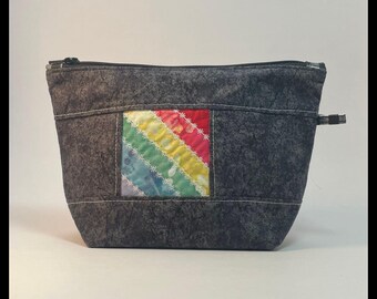 Handmade Black Grunge Zipper Pouch: Rainbow Quilted Cosmetic Bag
