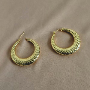 18k Gold  Hoop Earrings, Textured Hoop Earrings, Retro Hoop Earrings, Chunky Hoop Earrings, Thick Hoop Earrings Large Hoops Gift for Her