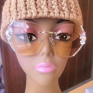Rhinestone Sunglasses, Light Brown Sunglasses, Women&#39;s Sunglasses, Gold Sunglasses, Frameless Sunglasses, Stylish Sunglasses