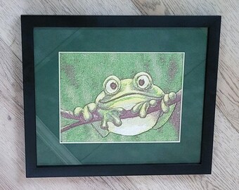 Embroidered green frog - matted and framed Photo Stitch