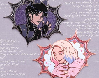 Enamel Pins: Spooky Duo • Stained Glass Cobweb Hearts • 2.9×2.4"