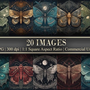 Vintage Dark Cottagecore Moth Dark Academia Luna Moth Fairycore Art Print Set Digital Download Junk Journal Square paper Scrapbook Wall Art