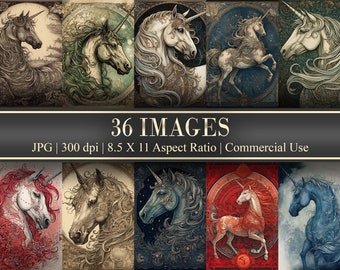 May include: A set of 36 digital images featuring intricate illustrations of unicorns in various poses and settings. The images are in JPG format, 300 dpi, and have an 8.5 x 11 aspect ratio. They are suitable for commercial use.