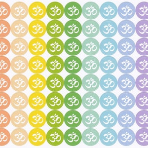 May include: A sheet of 60 colorful round stickers with a white Om symbol on each sticker. The stickers are arranged in rows of 8, with each row featuring a different color gradient. The colors are pink, orange, yellow, green, blue, purple, and pink. The text "Hatch A Plan" and "CL001 www.hatchaplan.etsy.com" is printed in the bottom right corner.