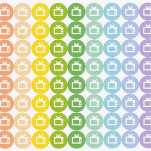 May include: A sheet of 100 colorful round stickers with a white television icon on each sticker. The stickers are arranged in rows of 10, with each row featuring a different color. The colors are pink, orange, yellow, green, blue, and purple. The text "Hatch A Plan" is printed in black on the right side of the sheet.