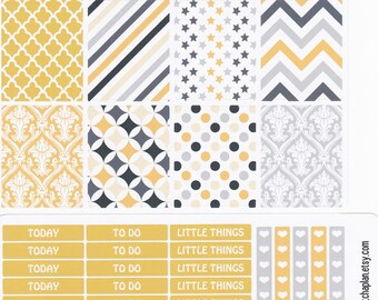 Naklejki Planner | Czarne Złoto żółte naklejki Planner | Pasuje do Erin Condren Life Planner | Pasuje do Happy Planner | Zestaw tygodniowy | ML010