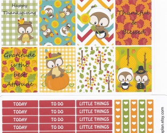 Naklejki Planner Dziękczynienia | Naklejki planera sowy | Pasuje do Erin Condren Life Planner | Pasuje do Happy Planner | Zestaw naklejek tygodniowych | ML035