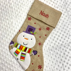 Personalised Fully Lined Stocking Embroidered Cute Snowman Christmas Hessian Snow Purple Baby Toddler Christmas Festive Luxury Thick Sock