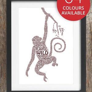 Monkey Word Art Print | Personalised Monkey Print | Monkey Portrait | | Typography | Monkey Lover | Zoo Wild Ape Chimp Happy Birthday