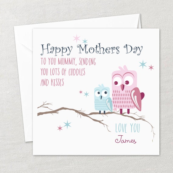 Personalised Happy Mothers Day Card Love Owls Tree Branch Red Heart Cuddles