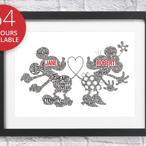 Personalised Disney Mickey and Minnie Mouse Word Art Cloud Gift Bespoke Print Valentines Day Wedding Engagement Anniversary Engaged