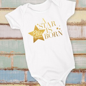 Personalised Unisex Baby Vest, Baby Grow, Baby Shower New Baby Gift, Quality Gifts Baby Boy Girl Metallic 100% Cotton A Star Is Born