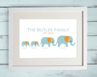 Personalised Elephant Family Tree Print Gift Bespoke Unique Present New Born