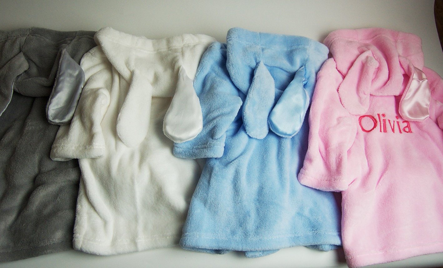 Personalised Embroidered Baby Dressing Gown Robe. Super Soft Fleece in Pink, White, Grey & Blue. Hooded With Ears Rabbit Teddy Bear