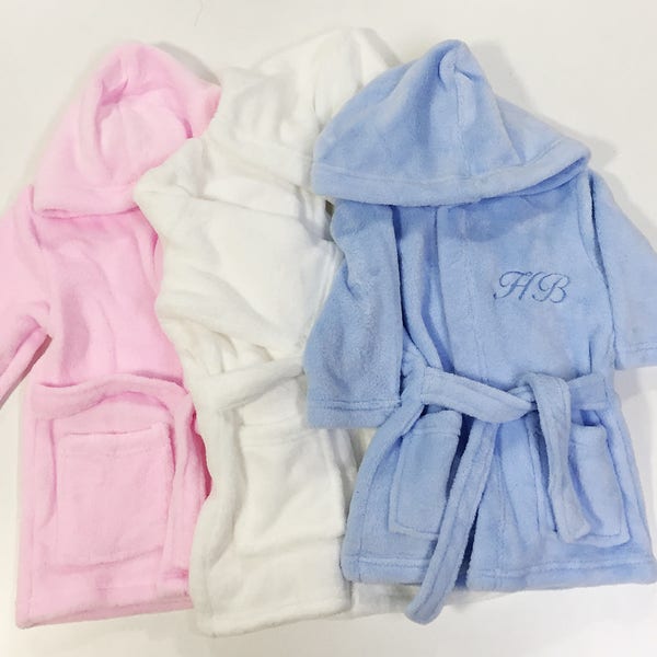 Personalised Embroidered Baby Robe Dressing Gown Towel Hat Toddler Gift Boy Girl Pink Blue White Soft Cosy Present Monogram Initial