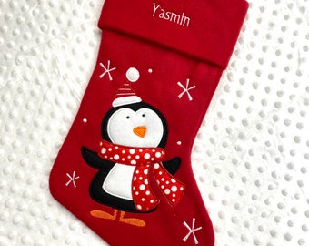 Personalised Fully Lined Stocking Embroidered Cute Penguin Christmas Red White Snow Sweet Baby Toddler Christmas Festive Luxury Thick Sock