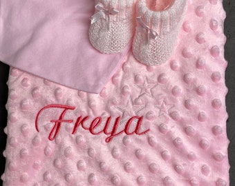 PERSONALISED EMBROIDED LUXURY VERY SOFT BABY FLEECE BUBBLE BLANKET PINK/BLUE Blue with Name 