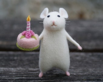 Geburtstag nadelgefilzte Maus weiße Maus Nadel gefilzt Tier Miniatur Geburtstagsgeschenk Wohndekor