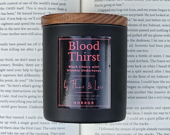 Horror Book Inspired Candle: Blood Thirst - Black Cherry, Raspberry, Vanilla & Sandalwood Scented, Matte Black Jar w/ Wood Lid