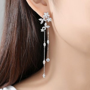 Delicate Fairy Flower Long Thing Chain Drop Dangle Earrings with AAA CZ