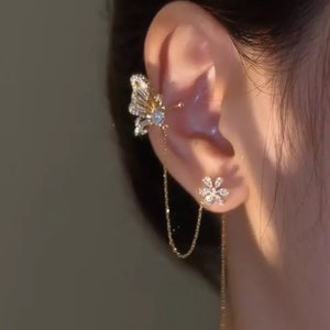 Dainty Butterfly Ear Clip With Flower Ear Threader, Butterfly Ear Clip, Floral Threader Earrings, Gifts. Kpop fashion