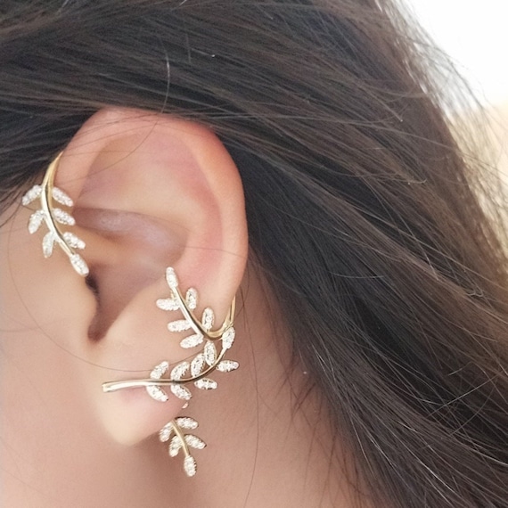 TRENDY 14k Gold Plated Leaf Ear Cuff Earring for Pierced Ear 