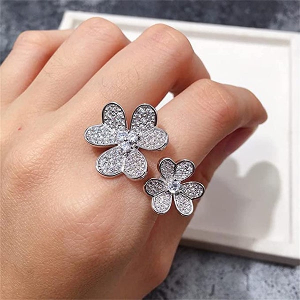 Clover Rings for Women Shining Cubic Zirconia Ring 18K Gold Plated Adjustable Ring