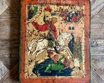 Traditionelle östliche Ikonenwand, Heiliger Georg, der den Drachen erschlägt - Antik