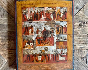Icono ortodoxo que representa la "Anastasis" y el "Dodecaorton" - Antiguo