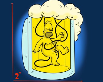 May include: A yellow cartoon character is suspended in a glass of beer. The character has a yellow body, black eyes, and a black mustache. The glass is 2 inches tall and has a white foam head.