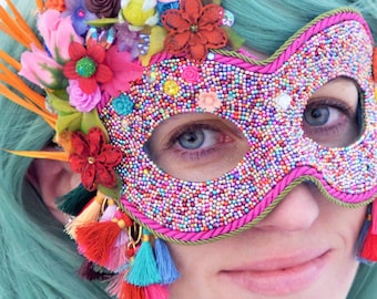 Crescencia, Handmade Paper Mache Masquerade Mask; Colorful Spanish-Inspired Traditional; Costume Cosplay Pink, Red, Green, Yellow, Orange