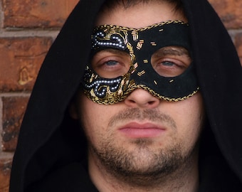 Osiris, Hand-beaded Masquerade Ball Mask, Theatre Egyptian God of Afterlife; Black Leather, Gold Beads, Pearls, for Men & Women, Renaissance