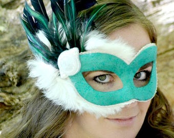 Yue, Handmade Paper-Mache Masquerade Ball Masque, Moon Spirit of the Night in Seafoam Green, Natural Rabbit Fur and Hand-beaded Medallion