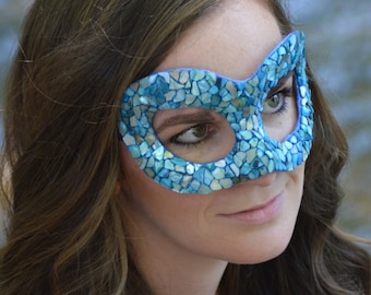 25% OFF; Aquarius, Placed-by-hand Paper-Mache Masquerade Mask, Cosplay Costume, Broken Seashell Mermaid in Blues & Iridescent Gender Neutral