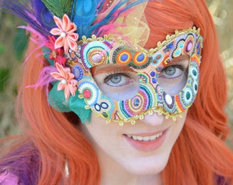 Positano, Hand-beaded Masquerade Mask, Paper-Mache Striking, Colorful Peacock Feathers, Precious & Semi-precious Stones; Mardi Gras Party