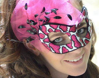 Sheila, Hand-beaded Paper-Mache Masquerade Mask, Feisty Foxy Leopard Print Feline in Hot Pink and Bright White Rhinestones and Beads w/Tulle