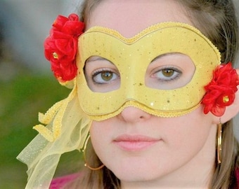 Belle, Beauty and the Beast Masquerade Ball, Handmade Paper-Mache Mask; Princess Yellow Gold & Bright Red Costume Cosplay; Book Character