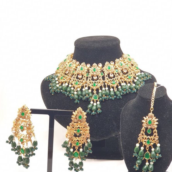 Pakistan green champagne  pearl stone wide necklace set attached dori  gold plated  wedding ,bridal mendi