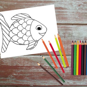 Arco iris pescado imprimible página para colorear, pescado, imprimible, niños, colorear, descarga INSTANTÁNEA, negro, blanco, arte, hecho a mano, dibujado a mano, dibujos animados imagen 1