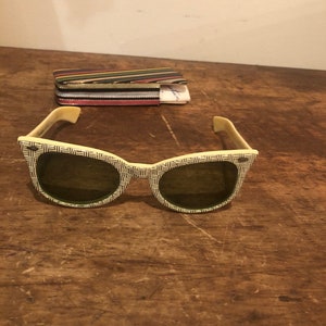 Vintage 1960&#39;s Women&#39;s Sunglasses, Cat Eye Green Glass Lenses, Pearlized White Metallic Inlay,&quot;Cosmetan&quot; Retro Eyewear And Original Case