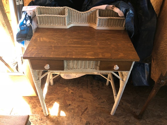Antique Oak Wicker Desk Etsy