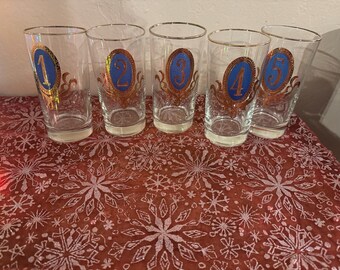 Libbey Bar Set MCM Gold Crown Blue & Gold Numbered Glass