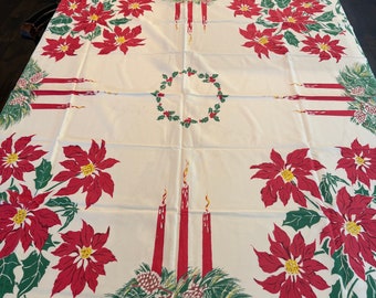 Vintage 1960s "CALIFORNIA HAND PRINTS" White Linen Christmas Tablecloth
