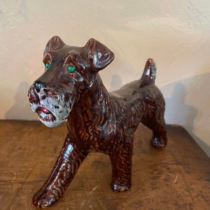 Vintage Brown Glazed Ceramic Terrier Dog Figurine Rhinestone Green Eyes Reis