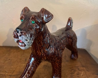 Vintage Brown Glazed Ceramic Terrier Dog Figurine Rhinestone Green Eyes Reis