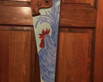 Antiker Bauernhof Haus Dekor handbemalte Säge mit Hahn, Landhaus Wohndekor, Huhn Dekor,