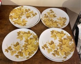 Set of 7 Texas Ware Brown, Yellow Leaf and White Plate Mid Century 9.75 inch Dinner plates