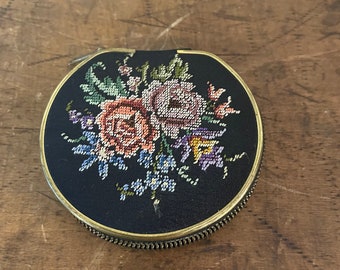 Vintage Floral Petit Point Embroidered Loose Powder Compact with Zipped Fabric Case