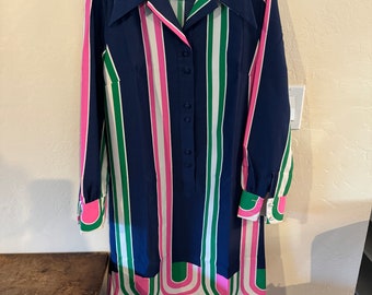 VINTAGE 70er Jahre LANVIN Paris Blau, Pink & Grün Langarm-Shirt-Kleid