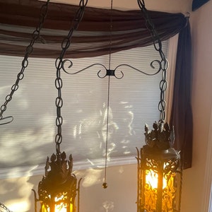 Vintage 2 Hanging Swag Lamp Plug In Light Amber Gold Glass Fixture Swag Light Lantern Pendant Light Set Mid Century Lamp